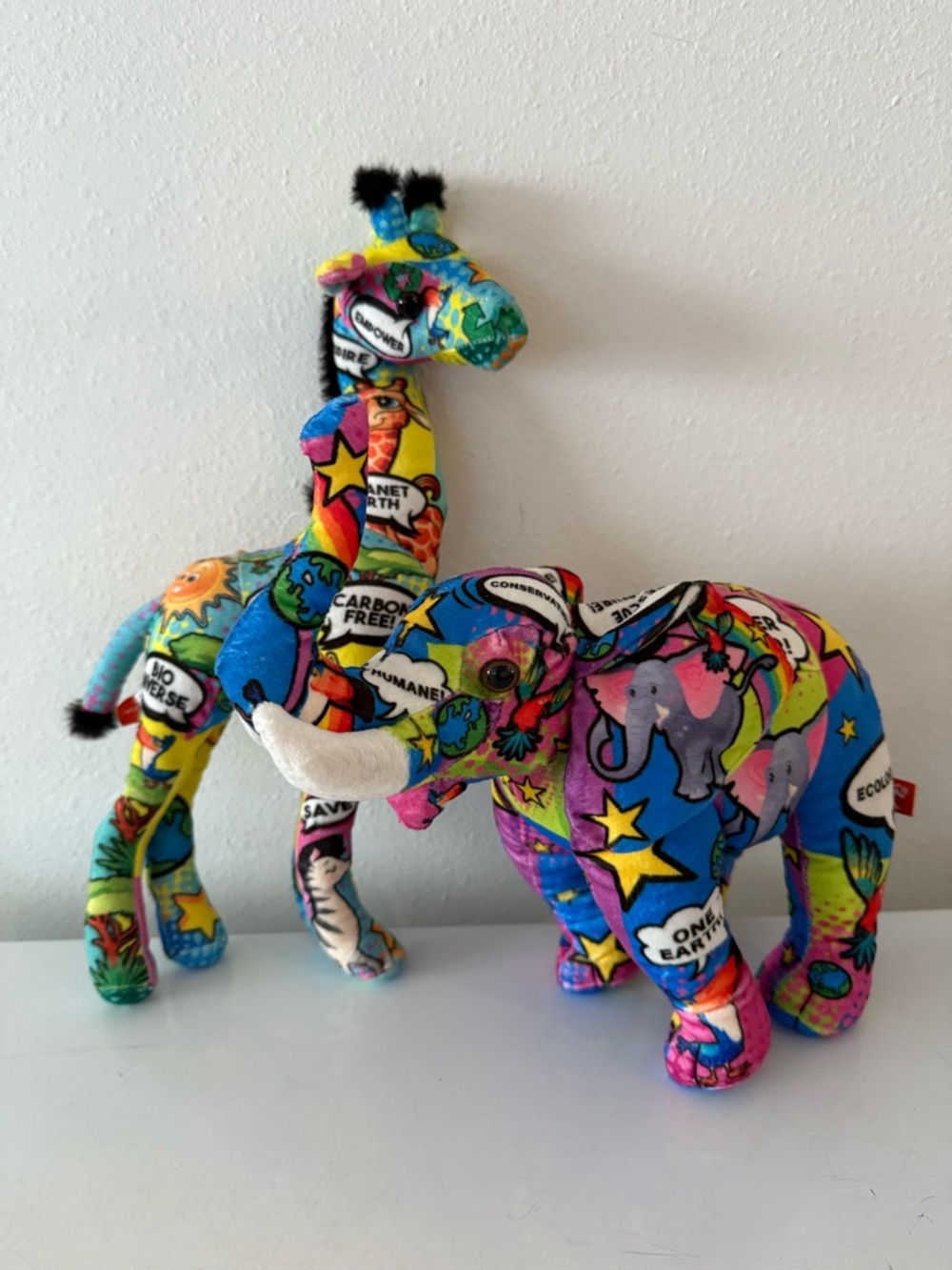 Colorful Eco-Themed Plush Elephant and Giraffe Toy Set - Multi
